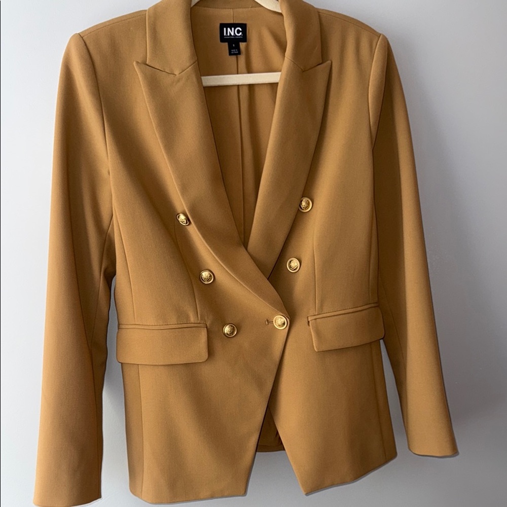 INC International Concepts Mustard Double-Breasted Blazer with Gold Buttons
